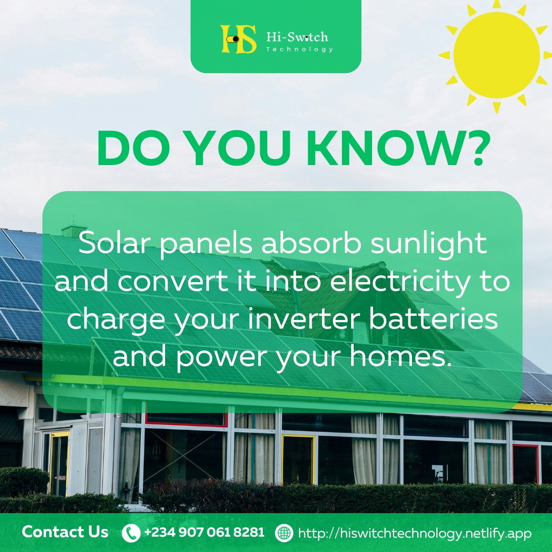 hiswitchtek's tweet photo. ☀️ Did You Know?
Your solar panels don’t just sit pretty on your roof — they absorb sunlight and turn it into electricity.⚡🔋 That means more power for your home, fewer bills, and zero blackouts. 🌍💡
#SolarEnergy #HiSwitchTechnology #SmartLiving #CleanEnergy #NoMoreBlackouts https://t.co/Ty7GEhkY0J