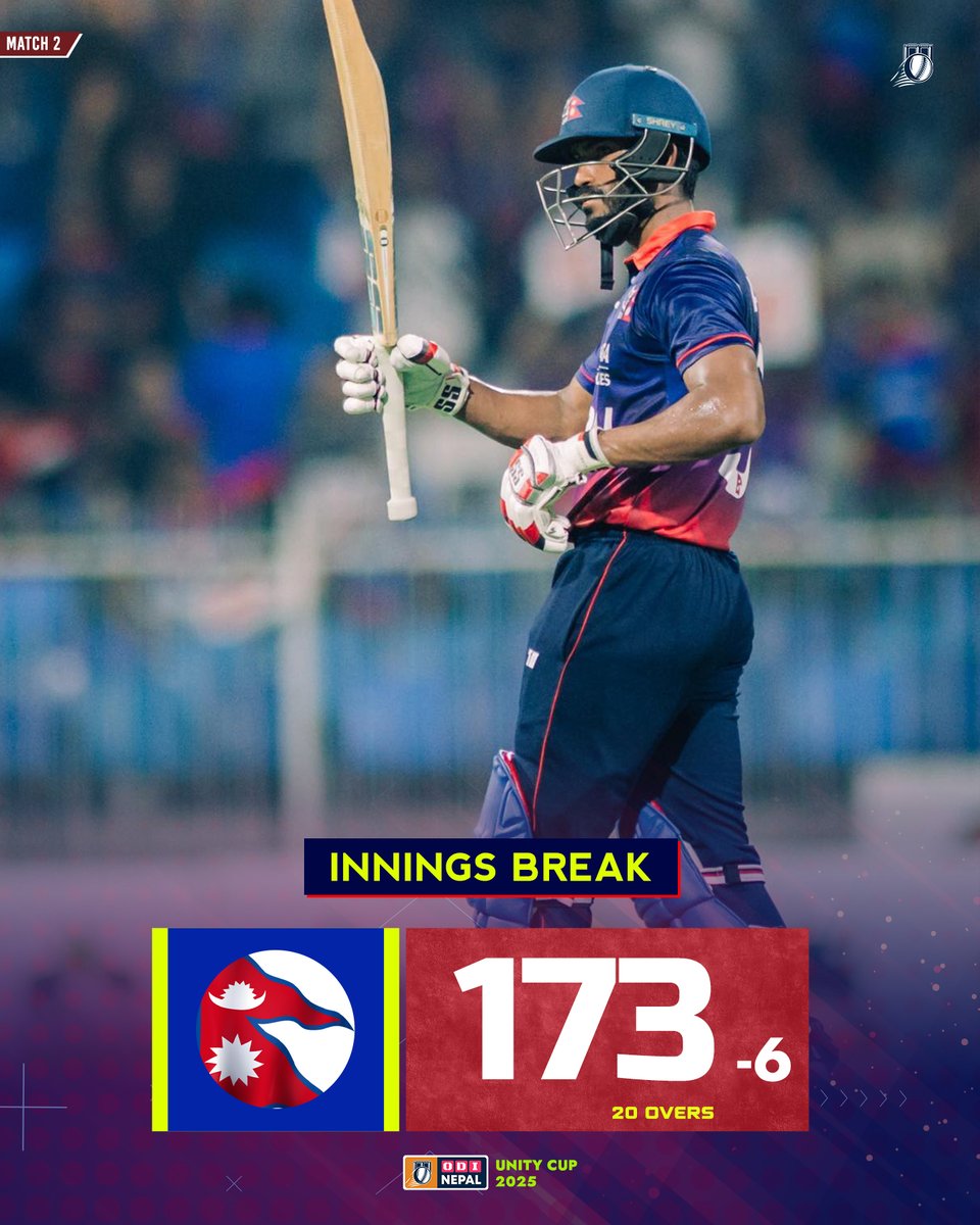 🔥 Nepal finishes strong at 173!

Aasif Sheikh leads with a brilliant 68 off 47, Sundeep Jora follows with 63, and Adil Alam adds a quick 11 with a four and six in the final over. Great batting effort all around! 💪🇳🇵

ODI Nepal | #NEPvWI | #NepalCricket