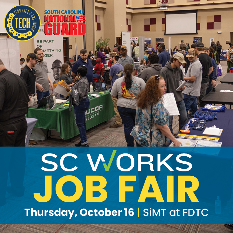 FloDar_Tech's tweet image. Our Fall SC Works Job Fair will be held Oct. 16 in the SiMT. The doors open at 10 a.m. for Veterans and 10:30 a.m. for the general public. Dress sharply and bring your resume. #FDTech #PeeDee