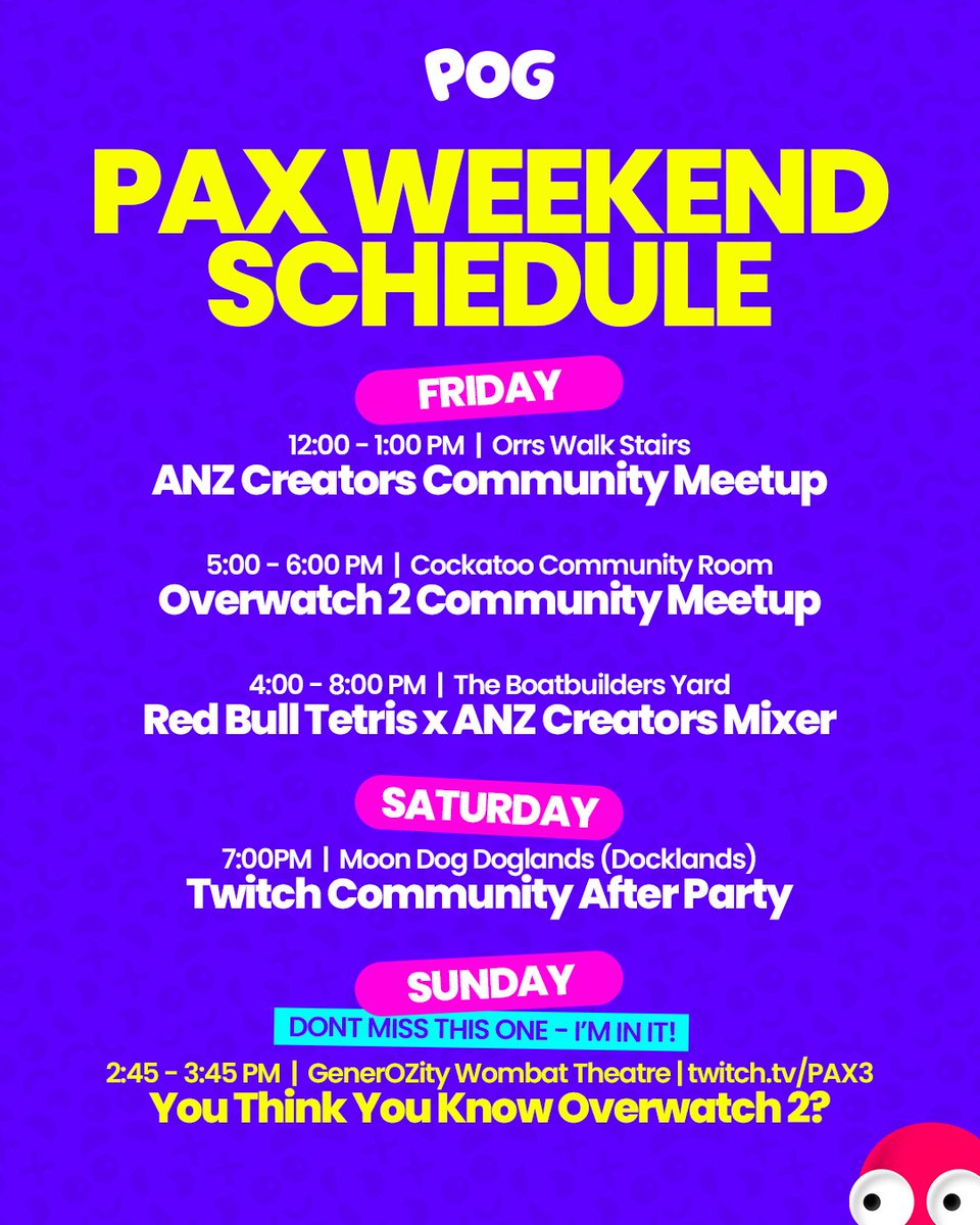 pog's tweet image. 😮#PAXAUS is not far away! Here's my schedule.
You know me, I'm just keen AF to hang out with fellow creators outside of a screen! #ANZCreators is really going to shine at PAX - I'm so proud of how the group is growing!
👀ALSO COME TO MY OVERWATCH PANEL IT WILL BE FUN
@PAXAus