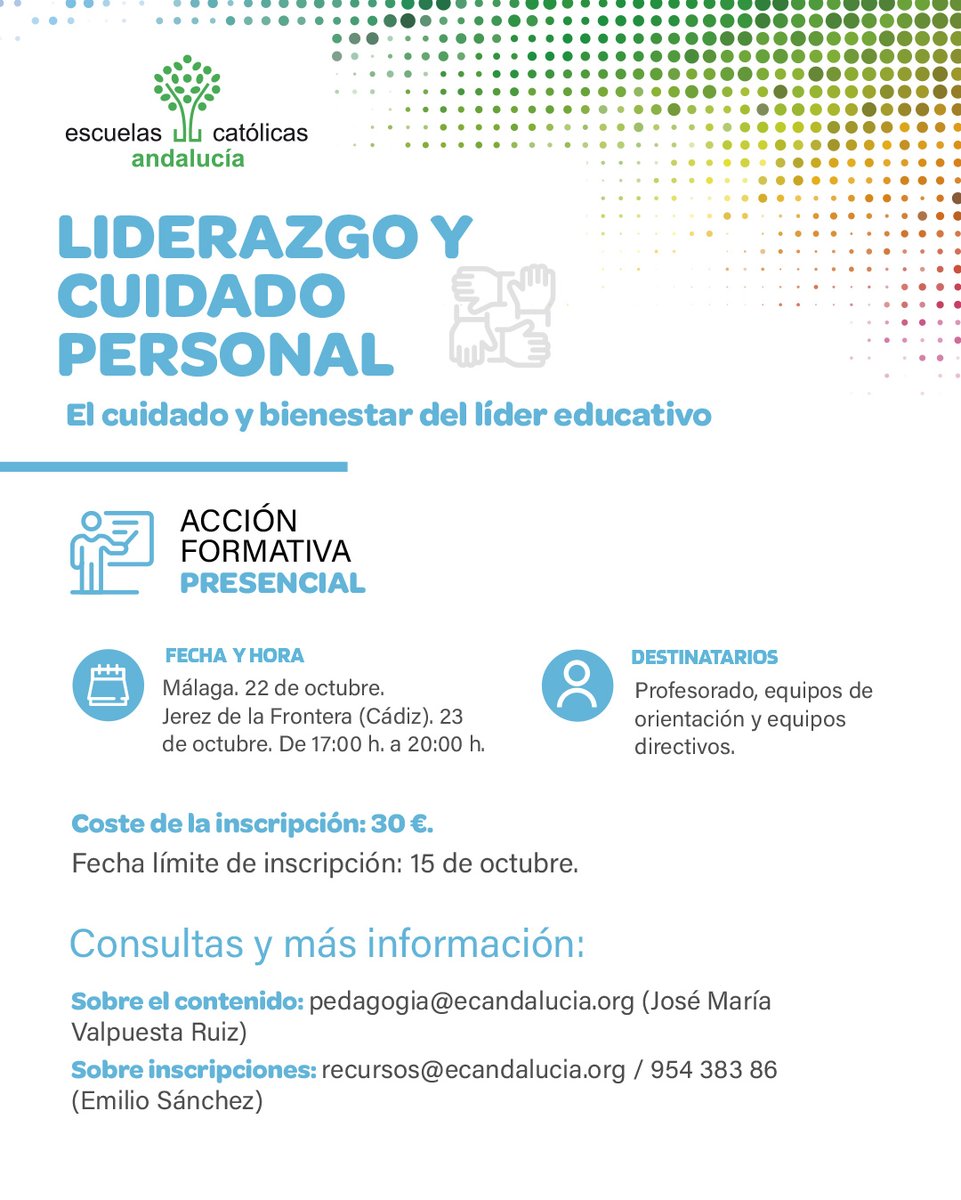 📢 FORMACIÓN
▶️ Liderazgo y Cuidado Personal: 'El cuidado y bienestar del líder educativo'
🗓️ Málaga: 22 - octubre | Jerez: 23 - octubre
⏰ 17:00 a 20:00 h
📩 Inscripción: hasta el 15 de octubre
📝 + info: pedagogia@ecandalucia.org
🗣️ Imparte: <a href="/juanbellid/">𝙹𝚞𝚊𝚗 𝙱𝙴𝙻𝙻𝙸𝙳𝙾</a> 
docs.google.com/forms/u/0/d/e/…