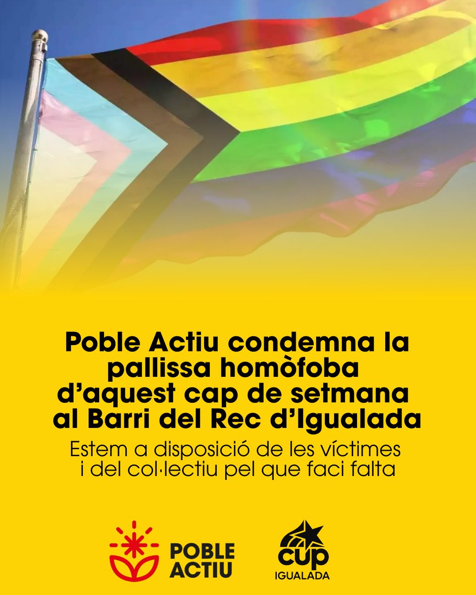Ni un pas enrere en la defensa de la igualtat a Igualada. 🏳️‍🌈🏳️‍⚧️✊🏻

Estem a disposició del col·lectiu i de les víctimes!