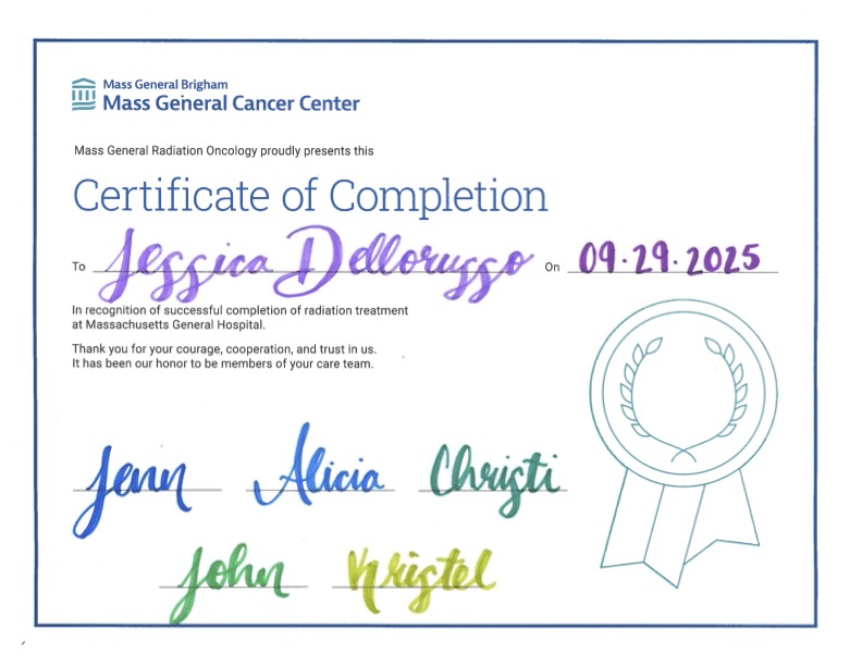 Jessica Dello Russo, Ph.D. (@drjdrphd) on Twitter photo Five and a half weeks of daily radiation treatments - done! I had a great team of doctors and technicians at the <a href="/MGHCancerCenter/">Mass General Cancer Center</a>. Had tears in my eyes when thanking the team this morning for all their competence and support. I really meant it when I said I'd miss them. #cancer Five and a half weeks of daily radiation treatments - done! I had a great team of doctors and technicians at the <a href="/MGHCancerCenter/">Mass General Cancer Center</a>. Had tears in my eyes when thanking the team this morning for all their competence and support. I really meant it when I said I'd miss them. #cancer
