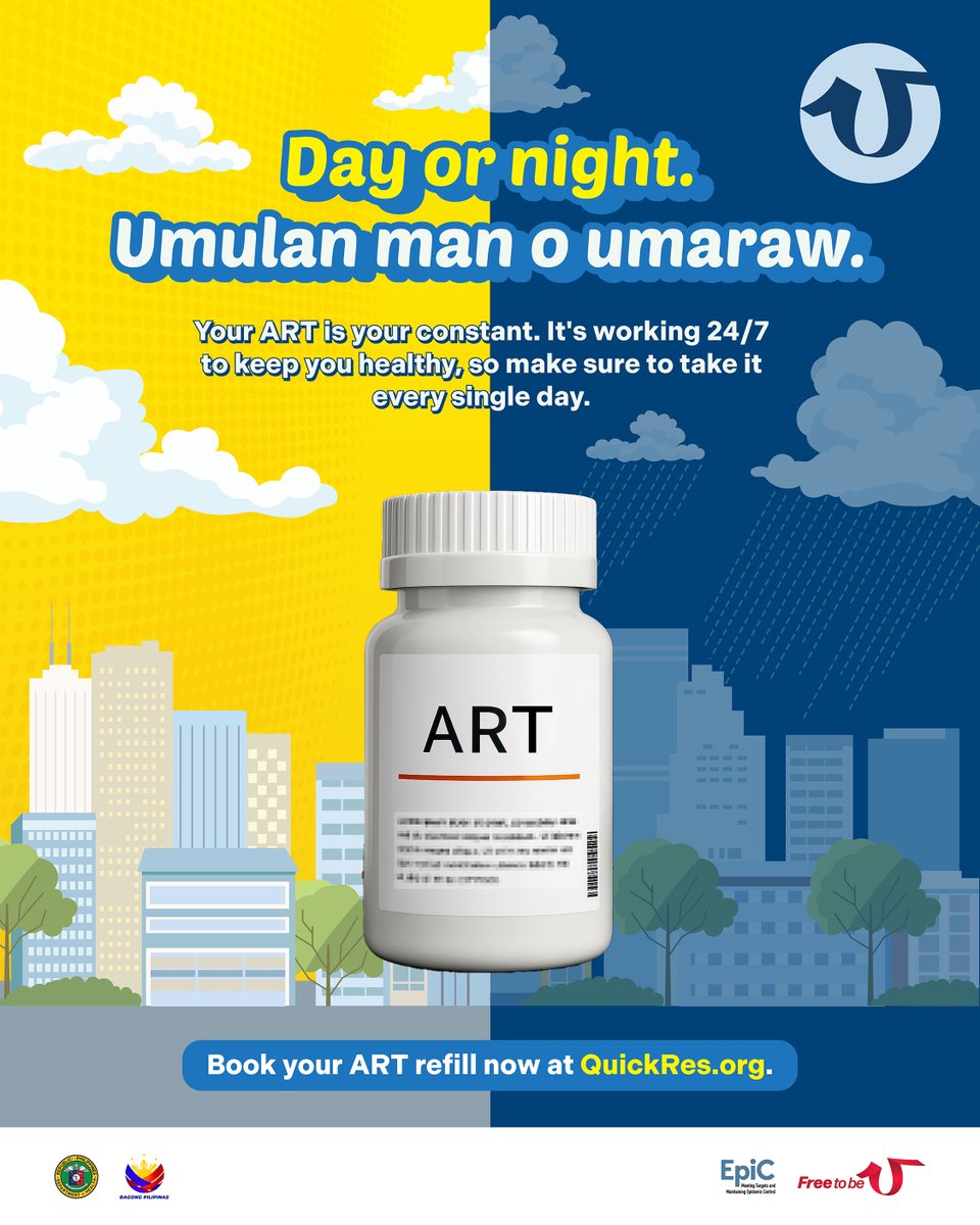 FreeToBeUPH's tweet photo. Sa mundong pabago-bago, buti pa 'yung ART mo, constant. ❤️

Araw-araw, umaga't gabi, umulan man o umaraw, andyan 'yan para sa'yo. Now that's commitment!

Book your free ART refill now at https://t.co/z9emVu75zv!
#FreeToBeU #UControlHIV #QuickRes https://t.co/fwMDcz0v8J