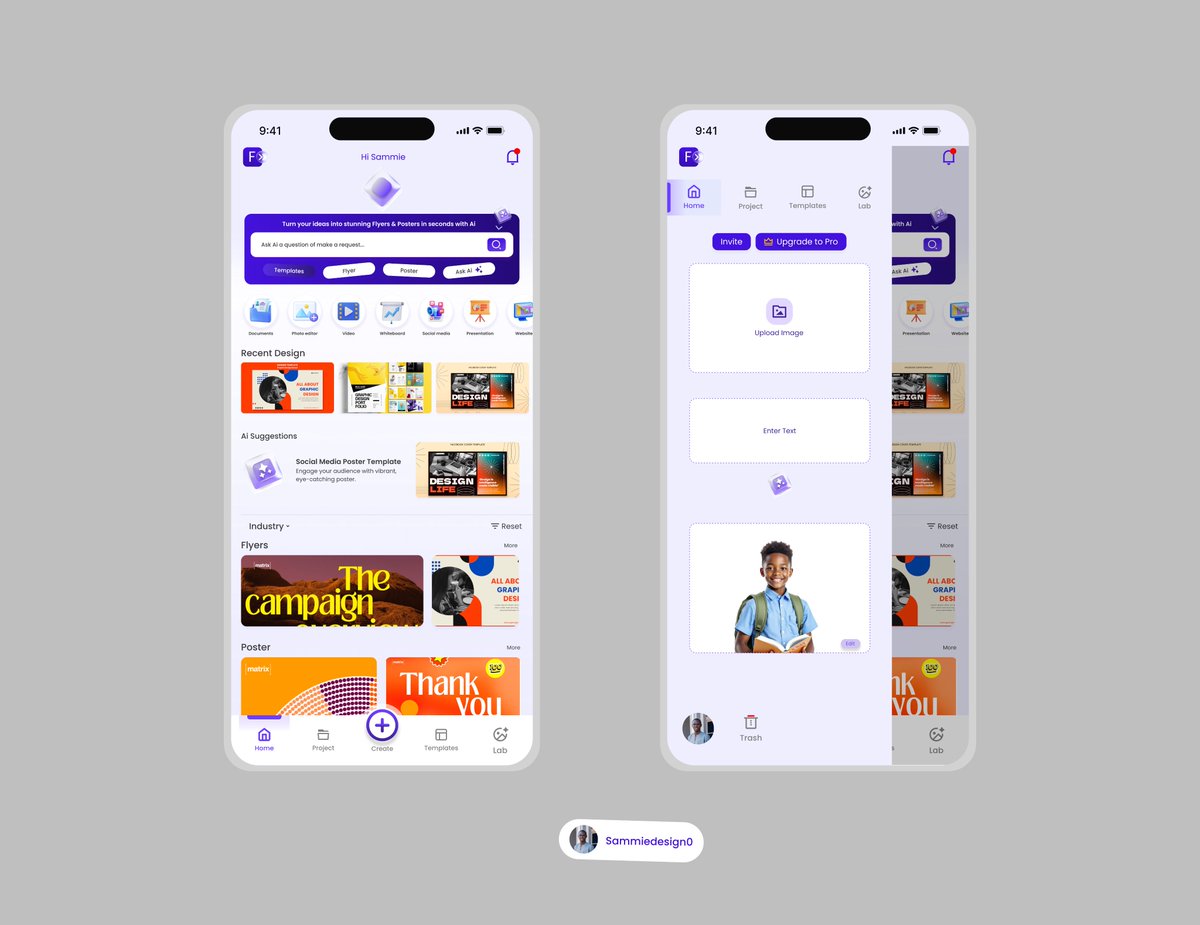 sammieadedotun's tweet photo. Just finished my Week 5 design task 
👉 Meet FastdesignAi   Ai powered design made simple.
Create flyers &amp; posters in seconds.
 Smart AI template suggestions,
Design smarter, create faster 🚀
#FastdesignAi 
#UIDesign #UXDesign #AI  #MobileDesign https://t.co/U02CiVcbQD