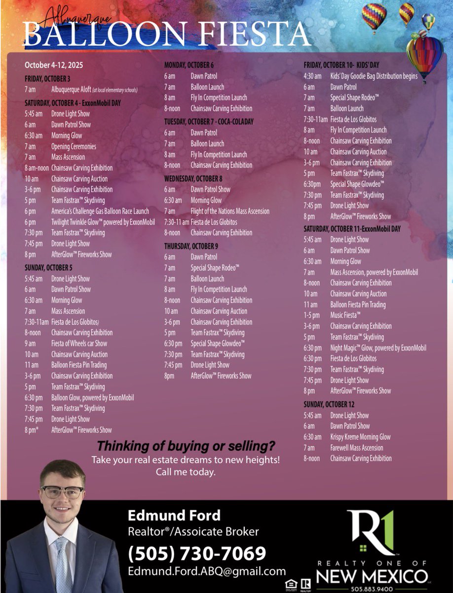 Albuquerque International Balloon Fiesta is back October 4-12, 2025, at Balloon Fiesta Park. Catch dawn patrols, mass ascensions, glowdeos, and fireworks with this schedule!

#AlbuquerqueBalloonFiesta #BalloonFiesta2025 #ABQEvents #HotAirBalloons #NewMexico #BalloonGlow
