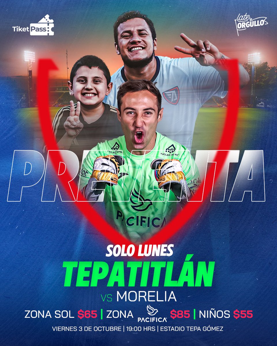 Taquillas abiertas, precios de preventa y solo un día para aprovechar la promoción 🫡

El viernes la fiesta se vivirá en el Tepa Gómez y ustedes son los invitados especiales, ¡JUNTOS los 90 minutos! 🔵🔴

#LateElOrgullo 🫀