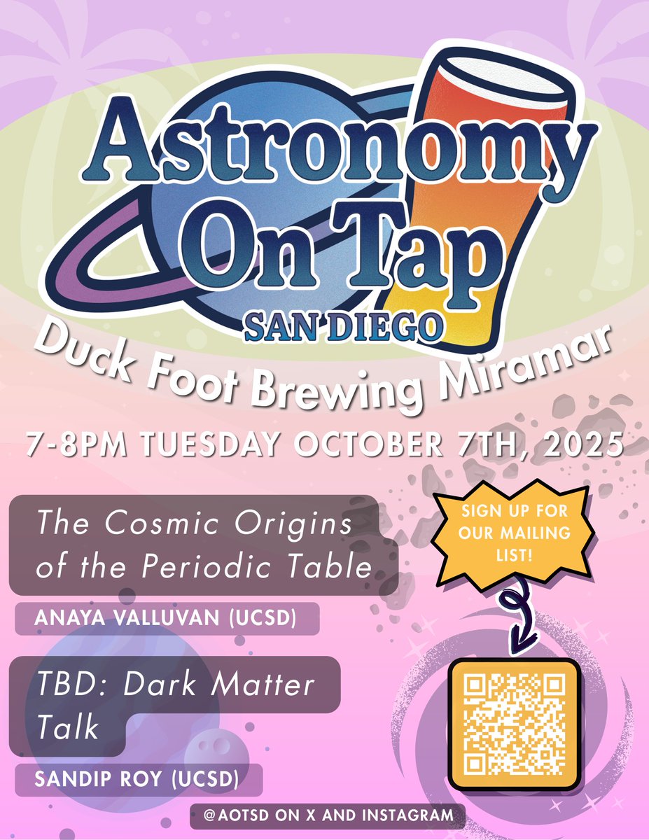 We're back on Tuesday, October 7, 7pm at Duck Foot Brewing in Miramar! Join us for a pint and talks about dark matter and the cosmic origins of the periodic table!
#astronomyontap #beer <a href="/DuckFootBeer/">Duck Foot Beer</a>