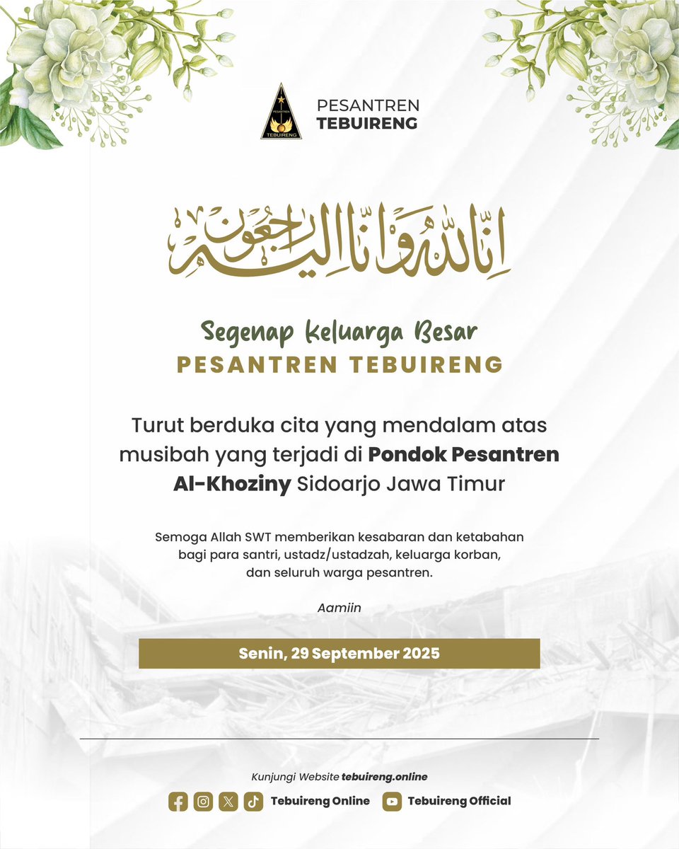 Segenap keluarga besar Pesantren Tebuireng turut berduka cita yang mendalam atas musibah yang terjadi di Pondok Pesantren Al-Khoziny Sidoarjo Jawa Timur. Semoga Allah SWT memberikan kesabaran dan ketabahan.