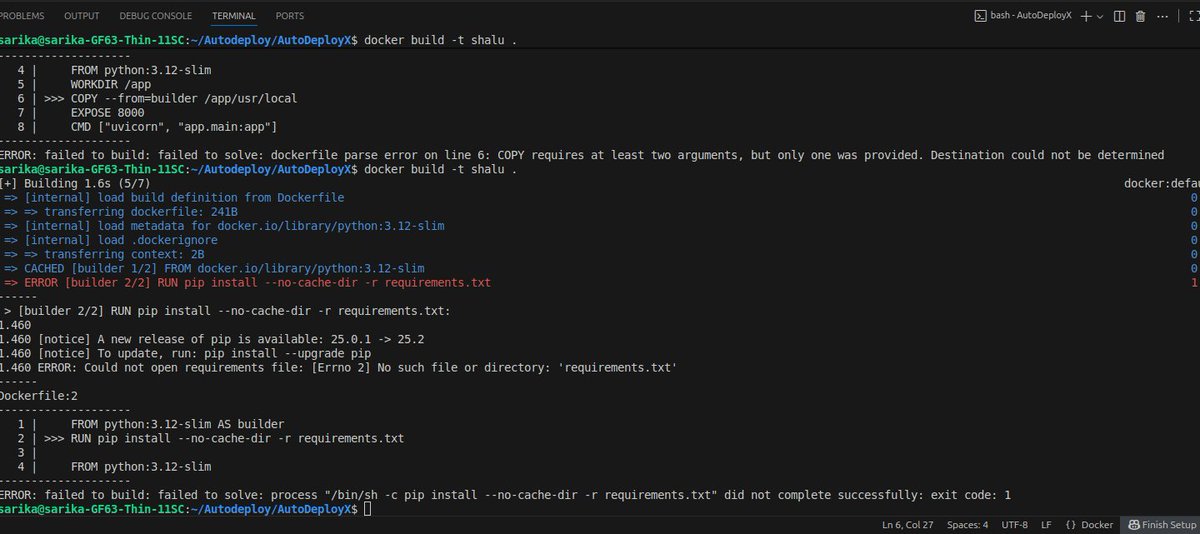 devopsbysarika's tweet image. DAY - 28 #DevOpsDiaries

Tried containerizing my project today 
Ran into 2 blockers:
ASGI app not found -&amp;gt;fixed by correcting path (uvicorn main:app).
requirements.txt missing -&amp;gt; solved with:
COPY requirements.txt .
RUN pip install -r requirements.txt