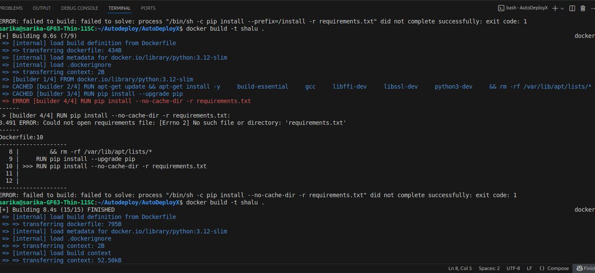 devopsbysarika's tweet image. DAY - 28 #DevOpsDiaries

Tried containerizing my project today 
Ran into 2 blockers:
ASGI app not found -&amp;gt;fixed by correcting path (uvicorn main:app).
requirements.txt missing -&amp;gt; solved with:
COPY requirements.txt .
RUN pip install -r requirements.txt