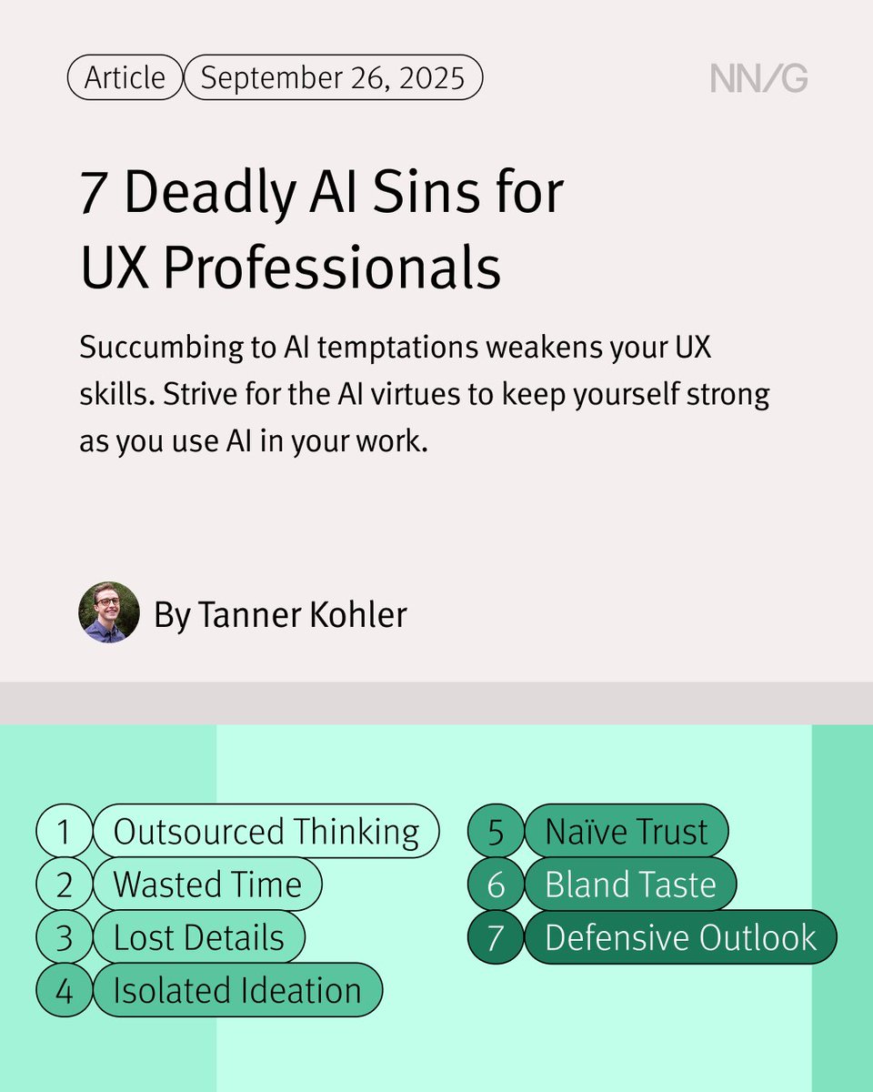 NNgroup's tweet photo. New from NN/g:
โ๏ธ From Confrontation to Collaboration: The Developer-Designer Relationship
โ๏ธ 7 Deadly AI Sins for UX Professionals
๐น AI-Assisted Prototyping: Promise and Pitfalls
Check them out: https://t.co/TGRPLQEXDC
#NNGroup #UpToDate https://t.co/Rd9dcItquz