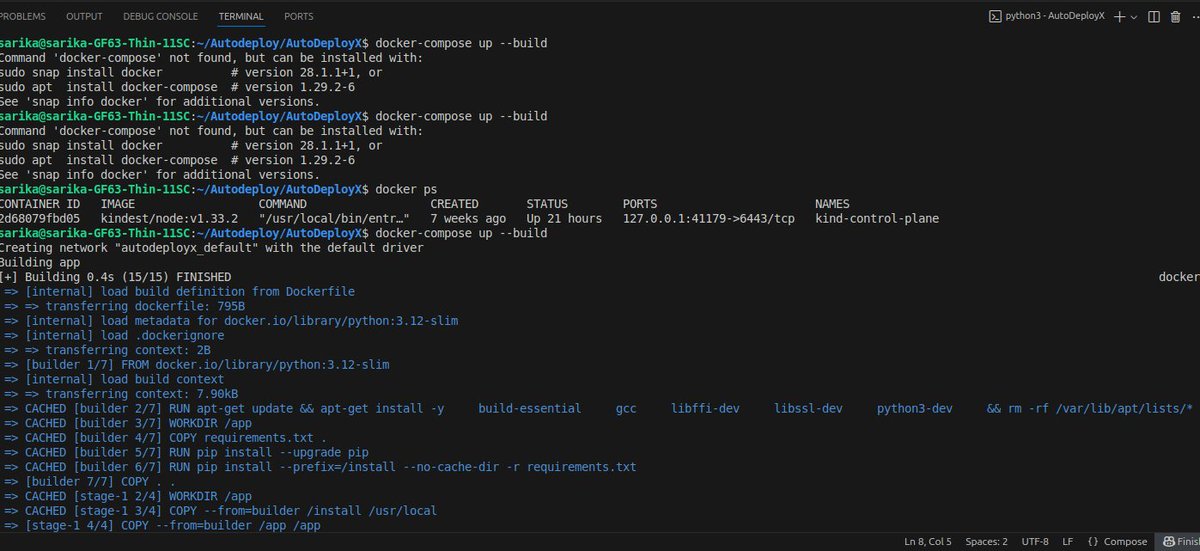 devopsbysarika's tweet image. DAY - 28 #DevOpsDiaries

Tried containerizing my project today 
Ran into 2 blockers:
ASGI app not found -&amp;gt;fixed by correcting path (uvicorn main:app).
requirements.txt missing -&amp;gt; solved with:
COPY requirements.txt .
RUN pip install -r requirements.txt
