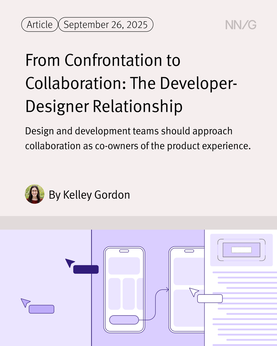 NNgroup's tweet photo. New from NN/g:
โ๏ธ From Confrontation to Collaboration: The Developer-Designer Relationship
โ๏ธ 7 Deadly AI Sins for UX Professionals
๐น AI-Assisted Prototyping: Promise and Pitfalls
Check them out: https://t.co/TGRPLQEXDC
#NNGroup #UpToDate https://t.co/Rd9dcItquz