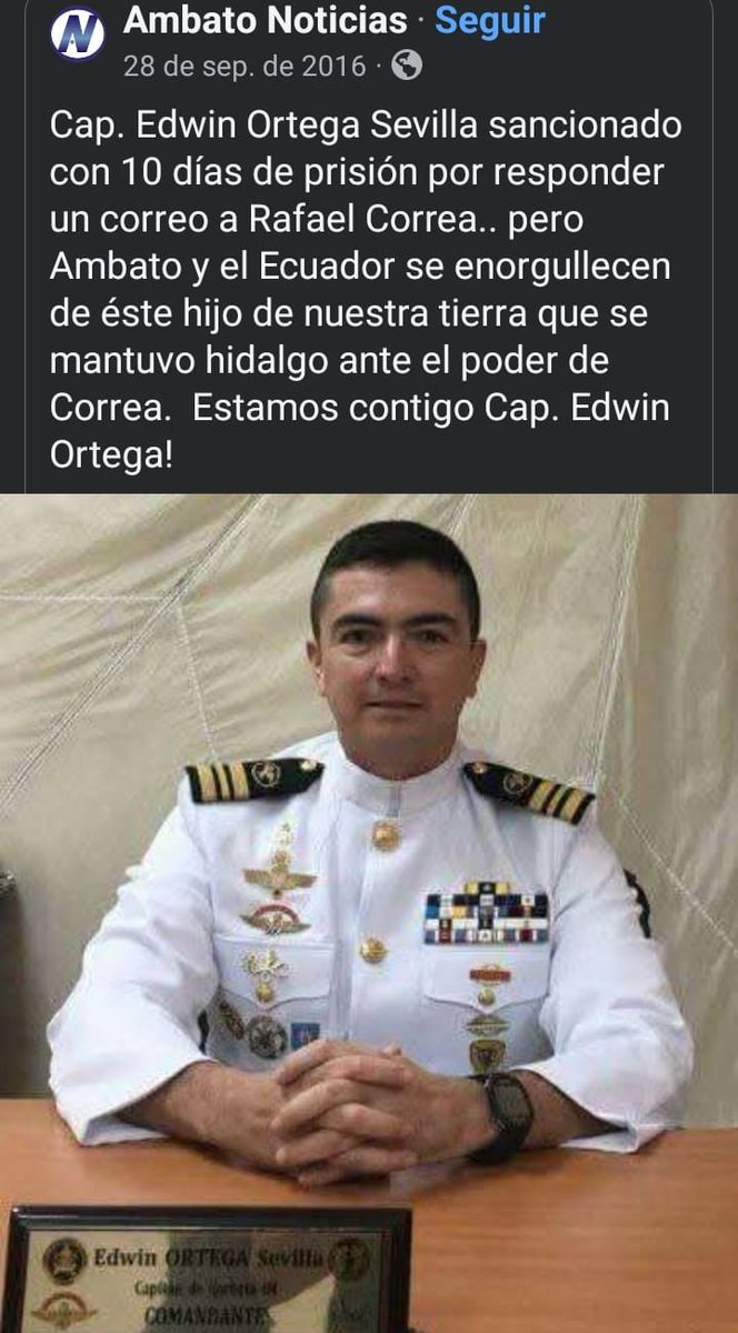EdwinOrtegaS's tweet photo. Más viejo, más golpeado pero con el mismo ñeque, devoción, vocación y patriotismo. Hace 9 años recibí la notificación de 10 días de arresto de rigor ordenados por @MashiRafael y @RicardoPatinoEC y después de un activismo férreo y honesto en política he retornado triunfante a la gloriosa Armada del Ecuador.

No todos están contentos que haya regresado, especialmente aquellos quienes creen que les quito una oportunidad sea en una agregaduría o en el almirantazgo, o en su defecto que tarde o temprano serán denunciados públicamente y expuestos por corruptos y apátridas.

Permítanme decirles que yo jamás me he guiado por aquello, ni por dádivas, lisonjas o prebendas, siempre he actuado poniendo el pecho a las balas y jamás refugiándome en un uniforme que debe ser utilizado hasta el sacrificio de la vida misma por defender la heredad territorial o del crimen organizado.

Este mensaje es en gratitud de aquellas personas que creen en mí y que saben que mi lucha será hasta el final de mis días sin retroceder un ápice al enemigo.

Pido a Dios que guíe en estos momentos al poder político y al poder militar para que actúen con sabiduría en momentos en que se requiere decisión para eliminar de raíz a los terroristas y el eje del mal: el correísmo.

Guste o no, sigo haciendo carrera. Jamás pedí al juez que me ingrese pero estoy aquí uniformado y con la moral a 30 mil pies de altura. El tribunal que decidió mi retorno fue porque vio algo que jamás vi yo: una nueva oportunidad de seguir haciendo lo que me gusta y para lo que me forme desde niño, lo que llevo en la sangre: la mística de ser soldado. Así que mis enemigos saben que, a pesar que me han apaleado por todos los frentes, cada día me fortalezco con el apoyo de la gente buena del Ecuador y de Dios.

Haré carrera y vestiré el sagrado uniforme hasta cumplir la misión. 🫡🙏🏻