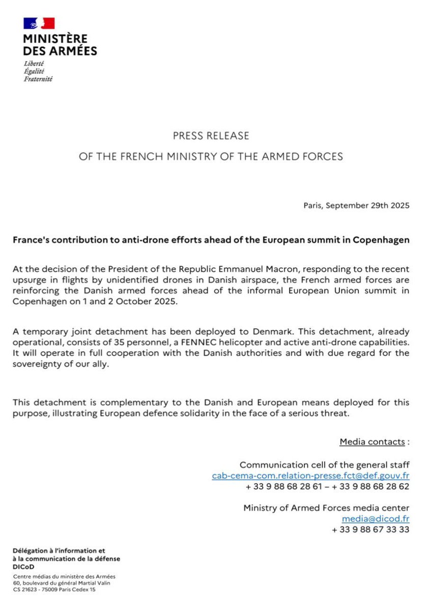 FRANCE DEPLOYS TROOPS TO DENMARK AMID DRONE SECURITY SURGE

President Macron confirmed France has sent 35 troops and a helicopter to support Denmark following drone activity over Copenhagen and other European cities. The French detachment, trained in counter-drone warfare, will