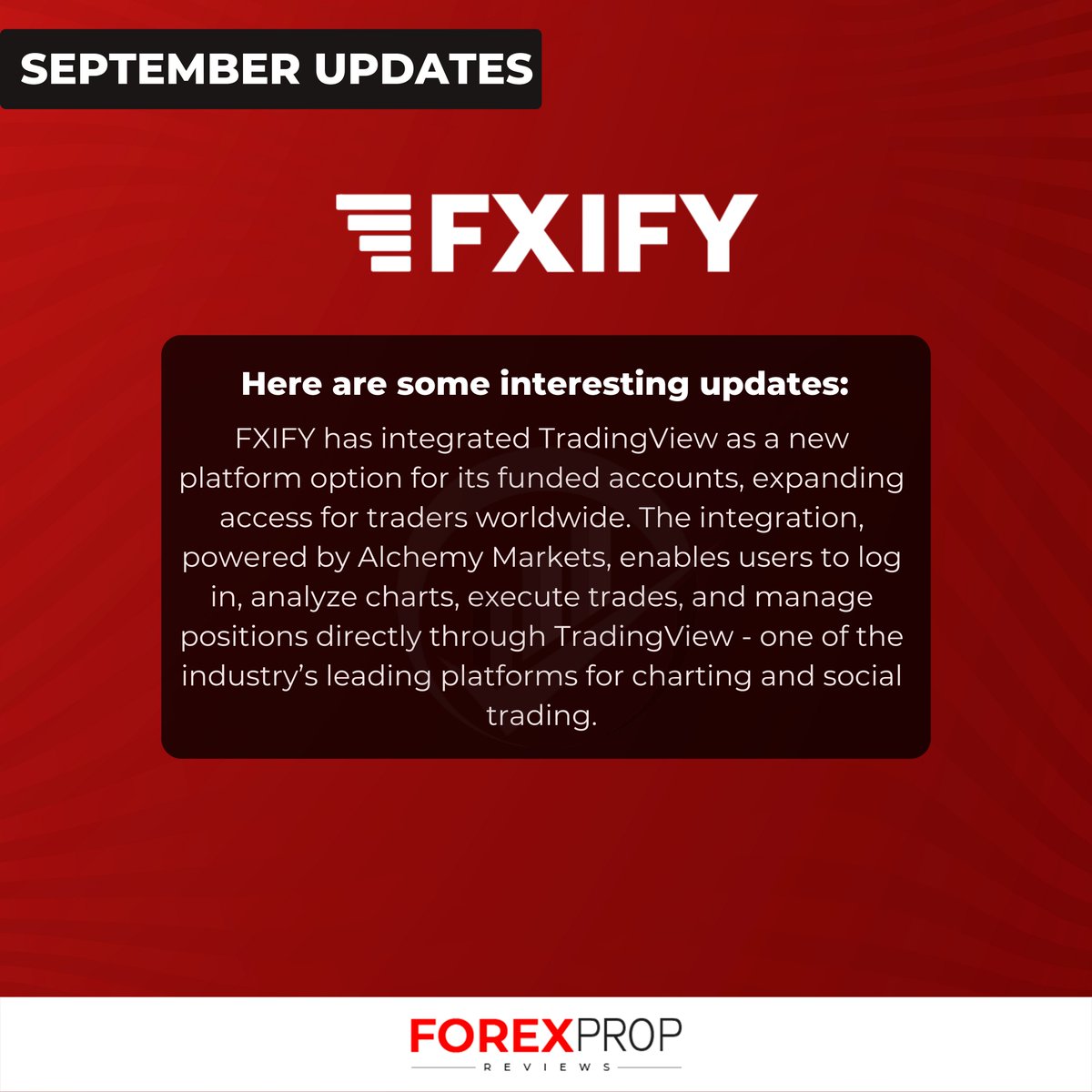 🌍 FXIFY integrates TradingView! 📈
Now funded account traders can log in, analyze charts, execute trades &amp; manage positions seamlessly. Powered by Alchemy Markets for fast execution &amp; reliable connectivity. 🚀
#FXIFY #TradingView #FundedTrading