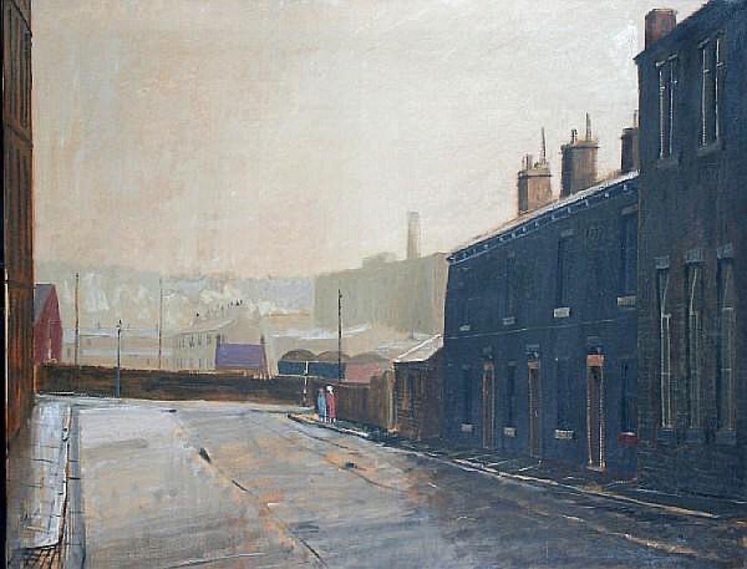 PennineThe's tweet photo. His skies were always a feature of Peter Brook’s paintings. In ‘Figures at the Foot of a Terraced Street Looking Towards the Mills of Sowerby Bridge’, while there is no spectacular sunset, the smog hanging over the West Riding town is no less evocative. (Sold by Bonhams in 2009) https://t.co/56doYvQJRG