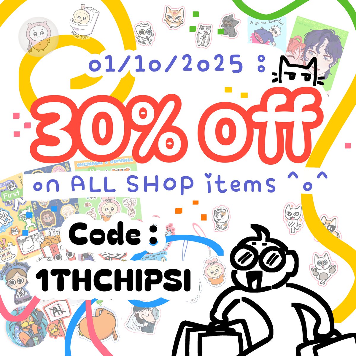 _tiny_chipsi's tweet photo. SHOP Annoucement -> 1st of October !!🤠🫵
You can get -30% available on all the shop for one day!🙀💐 

Hope yall will enjoy it 😋 I'm thinking of doing that for all the first of the month🕴️🤌

#stickershop #animefanart #magnetickeychain #prints #badge #smallbusinessfrance https://t.co/6lqtXz1GJL