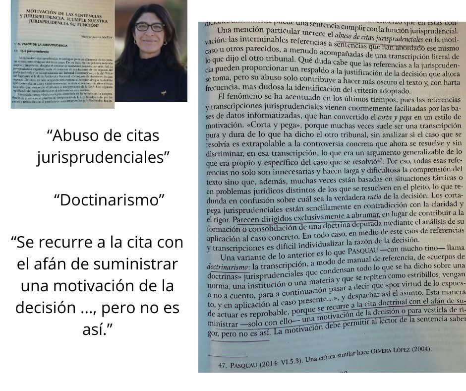 Llevo toda la mañana en el sufrimiento que genera esa práctica generalizada de abusar de las citas jurisprudenciales.  En este artículo, Marina Gascón pone en la mira esa práctica de los jueces y juezas que, al menos a veces, creen que en eso consiste motivar sus decisiones. No