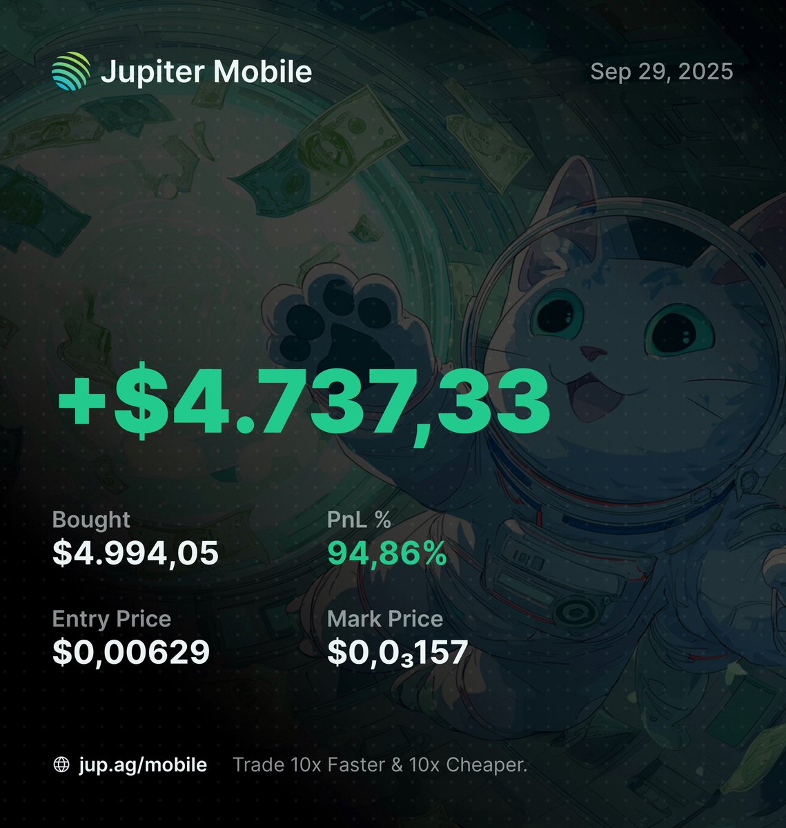 Jupiter Mobile PnL 跟踪示例，显示正收益