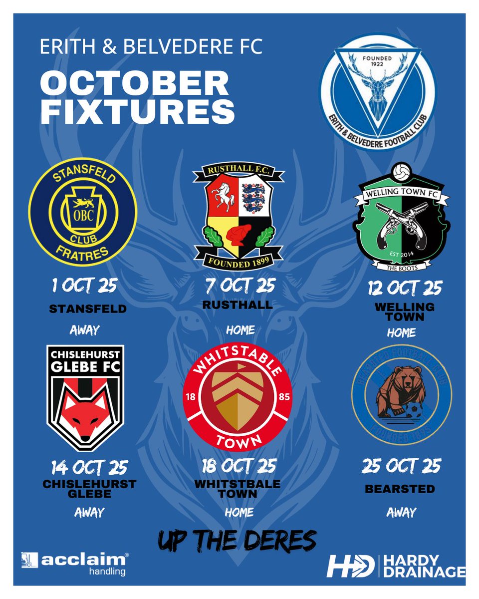 Erith & Belvedere FC (@ebthederes) on Twitter photo 📅📅October Fixtures📅📅
Six Deres games this coming month including two cup fixtures
01/10 <a href="/StansfeldFC/">Stansfeld FC</a> - Away - League
07/10 <a href="/FCRusthall/">Rusthall FC</a> - Home - League
12/10 <a href="/WellingTownFC/">WellingTownFC 🥾💚🖤</a> - Home - Kent Senior Trophy
14/10 <a href="/glebefootball/">Chislehurst Glebe FC</a> - Away - League Cup
18/10 <a href="/whitstabletown/">Whitstable Town Football Club</a> - Home - 📅📅October Fixtures📅📅
Six Deres games this coming month including two cup fixtures
01/10 <a href="/StansfeldFC/">Stansfeld FC</a> - Away - League
07/10 <a href="/FCRusthall/">Rusthall FC</a> - Home - League
12/10 <a href="/WellingTownFC/">WellingTownFC 🥾💚🖤</a> - Home - Kent Senior Trophy
14/10 <a href="/glebefootball/">Chislehurst Glebe FC</a> - Away - League Cup
18/10 <a href="/whitstabletown/">Whitstable Town Football Club</a> - Home -