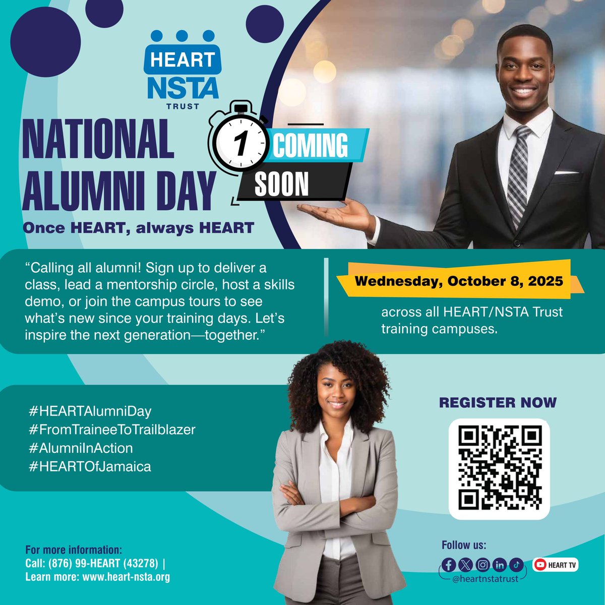 heartnstatrust's tweet image. National Alumni Day is almost here! 💙💼
This Wednesday, October 8, 2025, HEART/NSTA Trust training campuses across Jamaica will welcome back alumni to share their knowledge, inspire the next generation, and reconnect with HEART.