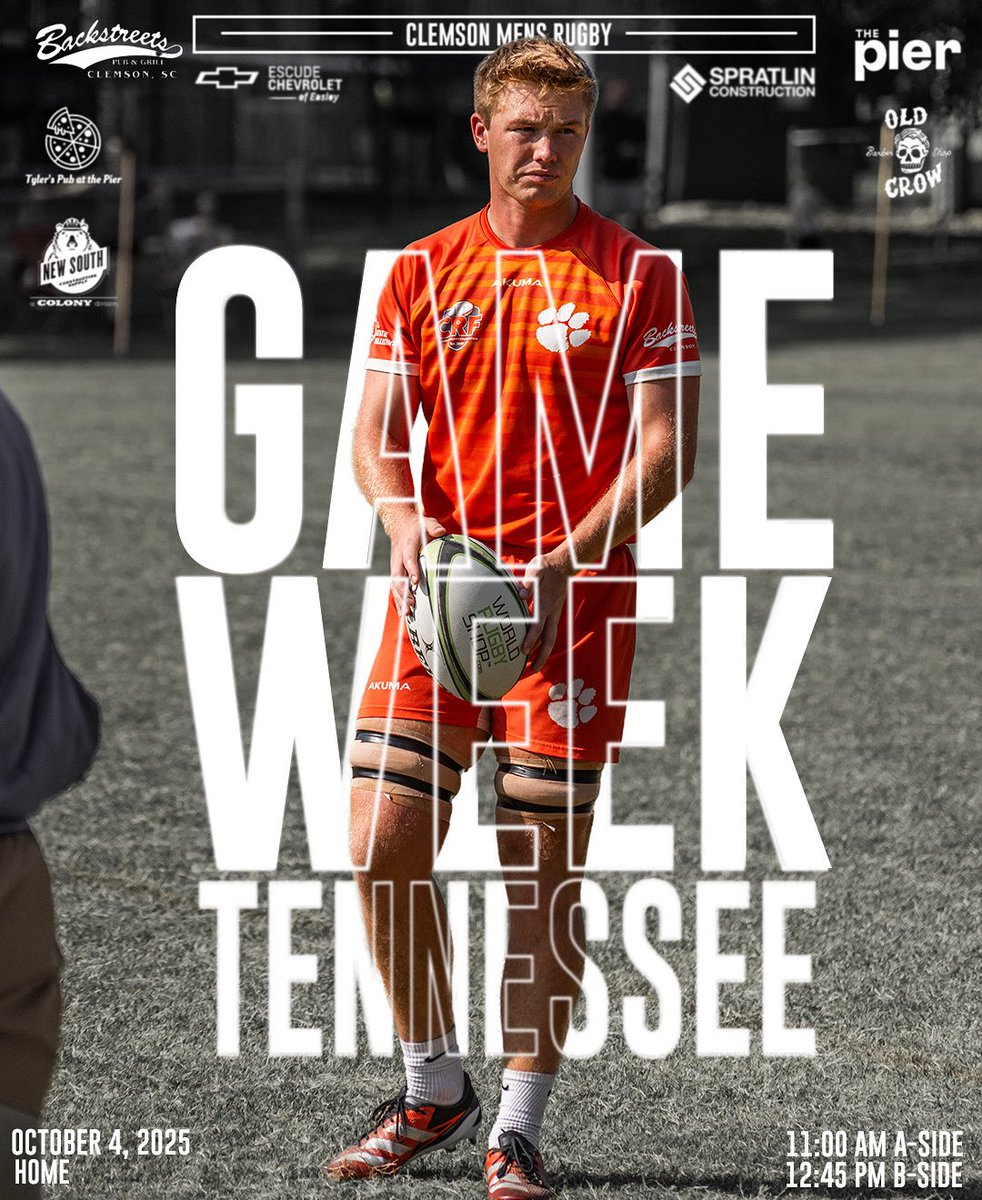 ClemsonRugby's tweet photo. 🐅 𝐆𝐀𝐌𝐄 𝐃𝐀𝐘 𝐒𝐀𝐓𝐔𝐑𝐃𝐀𝐘 🐅 Clemson Rugby is back at home this weekend taking on Tennessee!
📍 Clemson, SC ⏰ A Side – 11:00 AM | B Side – 12:45 PM
Come out and support the Tigers as we defend home turf! 🏉🔥 #ClemsonRugby https://t.co/0O0zxfXuvR