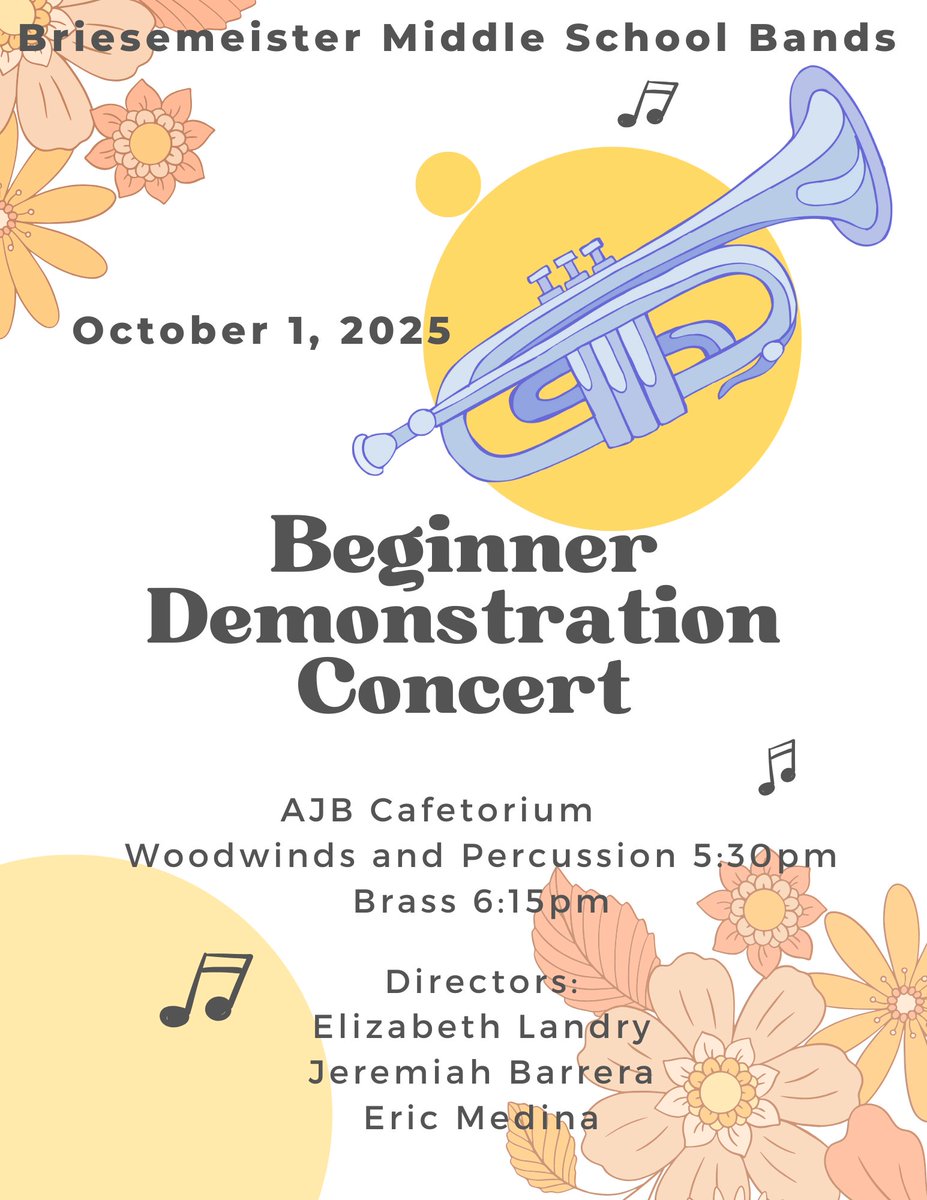 AJB Beginner Band is performing their Demonstration Concert on Wednesday, October 1st in the AJB Cafetorium.
Woodwind and Percussion perform at 5:30pm, and Brass perform at 6:15pm.
Please join these students in their first concert on their paths into musicianship!