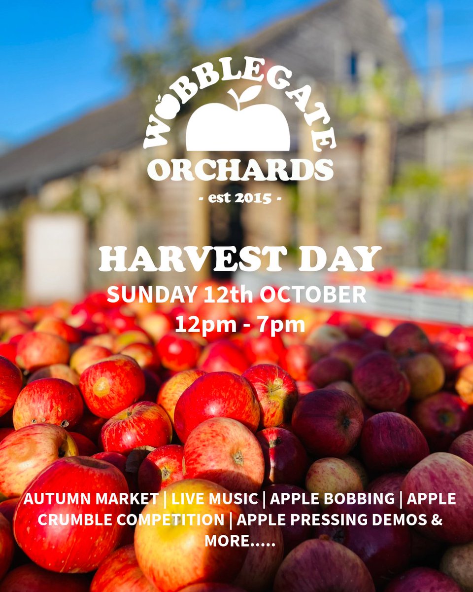 SAVE THE DATE!

Sunday 12th October 12pm - 7pm

Join us for our first Harvest Day, celebrating all things APPLES! 

Set to be a wonderful family day full of wholesome fun, from Apple Bobbing to our Apple Press demos, Live music and our 1st ever Apple Crumble competition!