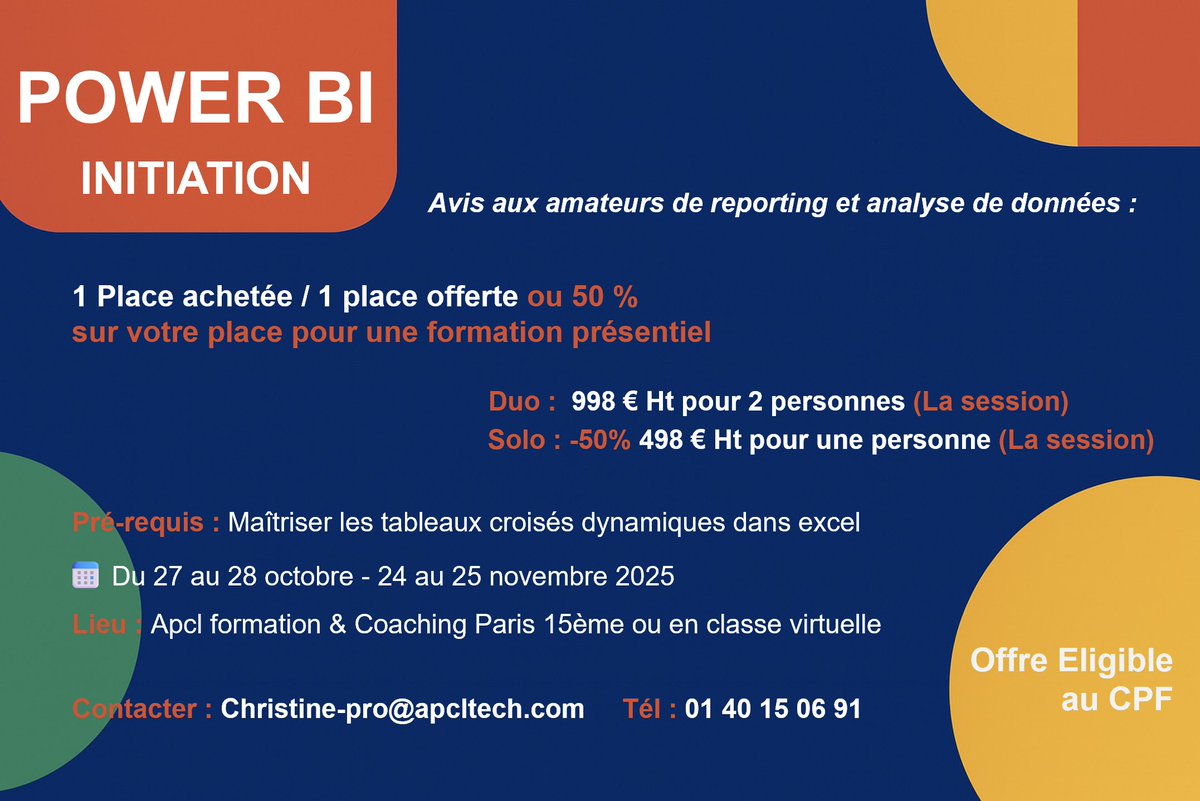 ApclFormations's tweet image. Formation PowerBi Initiation
Avis aux amateurs de reporting et analyse de données :
#Formation_PowerBi #PowerBi_Initiation #Apcl #Technologies #CPF