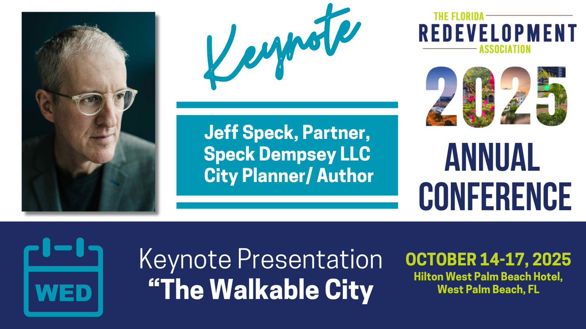 FLRedevel's tweet image. We&apos;re getting so excited for our annual FRA conference in October!
The FRA is thrilled to welcome internationally renowned city planner and author Jeff Speck as our keynote speaker on Wednesday, October 15. 
More info at redevelopment.net/2025-annual-co…

#RedevelopmentWorks