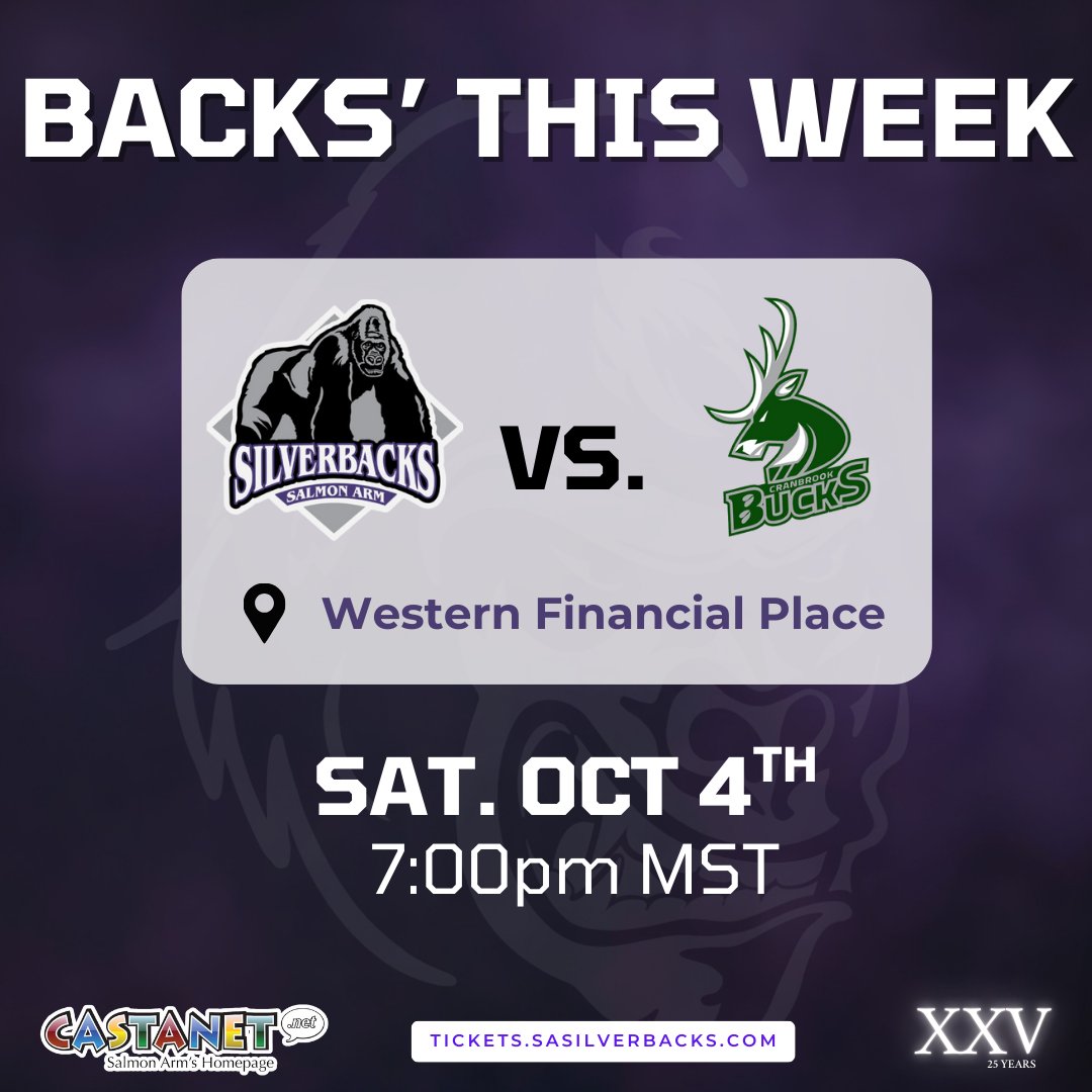 SASilverbacks's tweet image. BACKS THIS WEEK! 🦍

The Silverbacks stay on the road for one game this weekend!

On Saturday, October 4th, taking on the Cranbrook Bucks!

Puck drop is at 7:00 p.m. MST and can be found on Flo Hockey.

Backs this Week is brought to you by Castanet Salmon Arm.