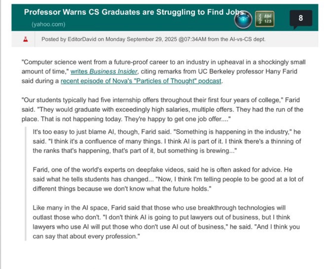 Este profesor de Berkeley da un mensaje bastante sobrio e importante a los alumnos de Ciencias de la Computación, aprendan varias cosas y expandan sus horizontes por que es probable que solo “saber programar” ya no sea suficiente para poder avanzar en este campo.