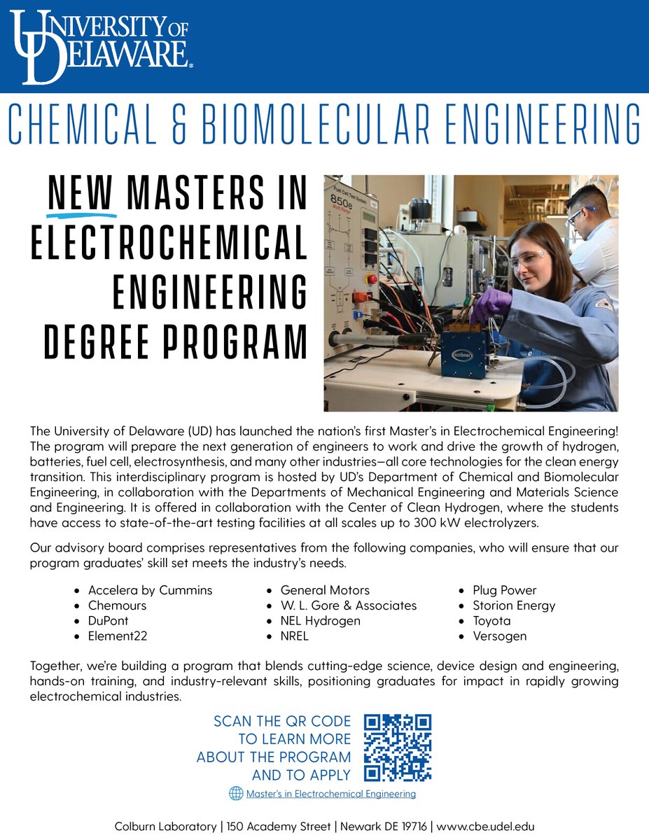 🚨 The University of Delaware has launched the nation's first Master's in Electrochemical Engineering Degree Program! Now accepting applications for Fall 2026. Learn more and apply at: cbe.udel.edu/graduate-progr…