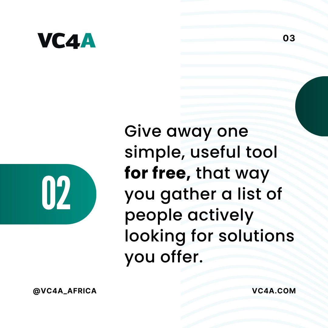 VC4A_Africa's tweet image. Build sustainable customer acquisition for your business by focusing on adding value first. How?

💬 Solve one problem well.

🆓 Build trust with a free, valuable tool.

📣 Activate growth via strong referral incentives.

#VC4A #Strategy #CustomerAcquisition #Growth