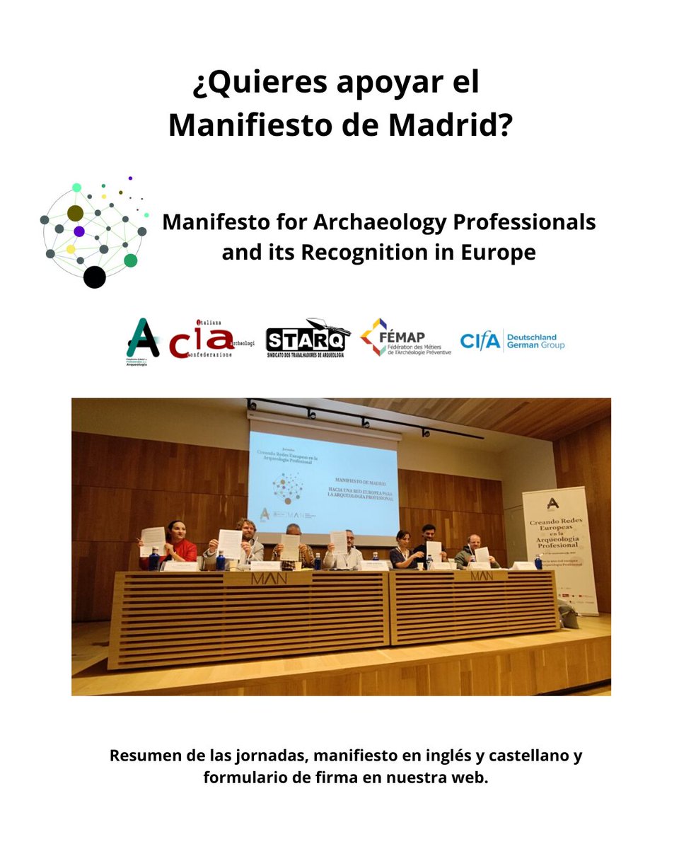 Un antes y un después para la arqueología profesional en Europa. Puedes apoyar el manifiesto en el link:  plataformadearqueologia.es/noticias/crean…

#CreandoRedesEuropeasArqueologíaProfesional #CREAP #Europa#Arqueología #ArqueologíaPreventiva  #RedesEuropeas #Manifiesto