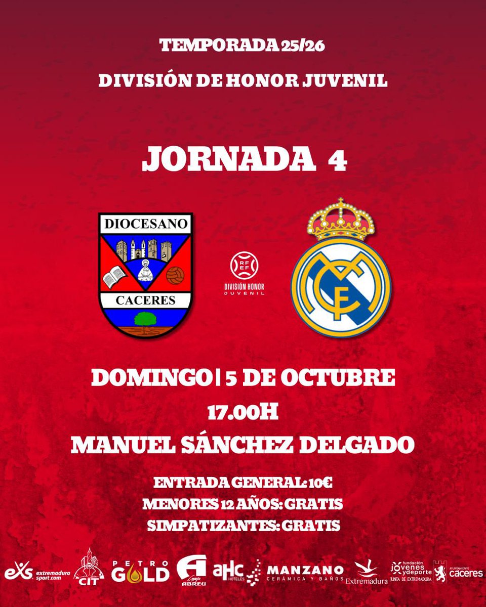𝗝𝘂𝘃𝗲𝗻𝗶𝗹 𝗗𝗛 | 𝗝𝗼𝗿𝗻𝗮𝗱𝗮 𝟰 
🆚 <a href="/lafabricacrm/">Cantera Real Madrid</a> 
📅 Domingo, 5 de Octubre 
⏱️ 17.00h
🏟️ Manuel Sánchez Delgado
🎟️ Entrada General: 10€ 
🎟️ Menores de 12 años: Gratis
🪪 Simpatizantes: Gratis