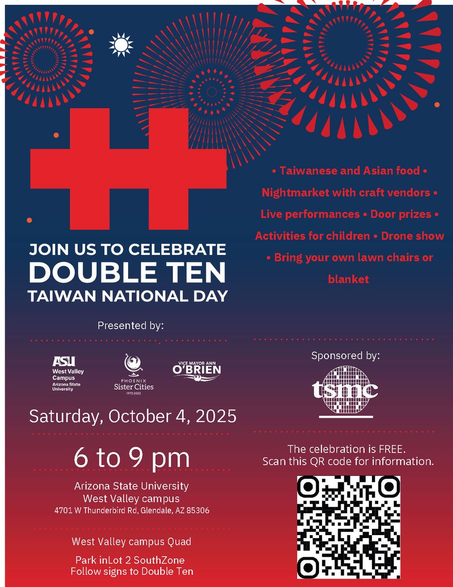 CWAnnOBrien's tweet photo. Celebrate Taiwan's National Day with food, live performances, a night market, and family-friendly activities at ASU West! https://t.co/eAhhcfaN0u