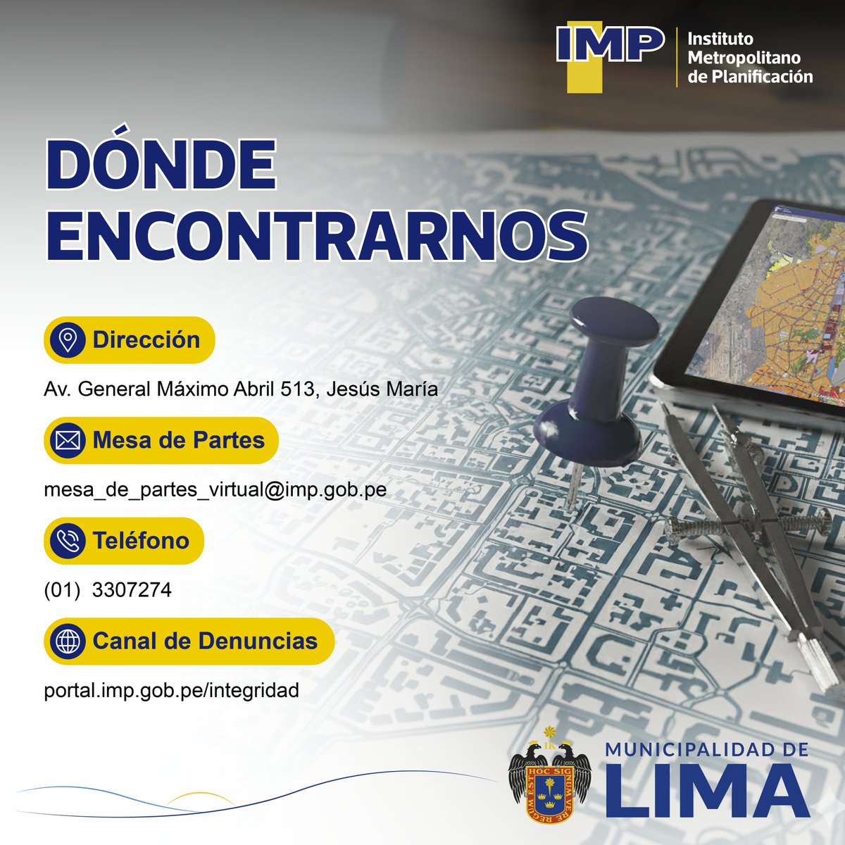 En el IMP estamos más cerca de lo que imaginas. 
Visítanos en nuestra sede central, comunícate por teléfono o ingresa a nuestro portal web para mantenerte informado. 
¡Tu participación fortalece la transparencia!
#imptransparente #integridadimp