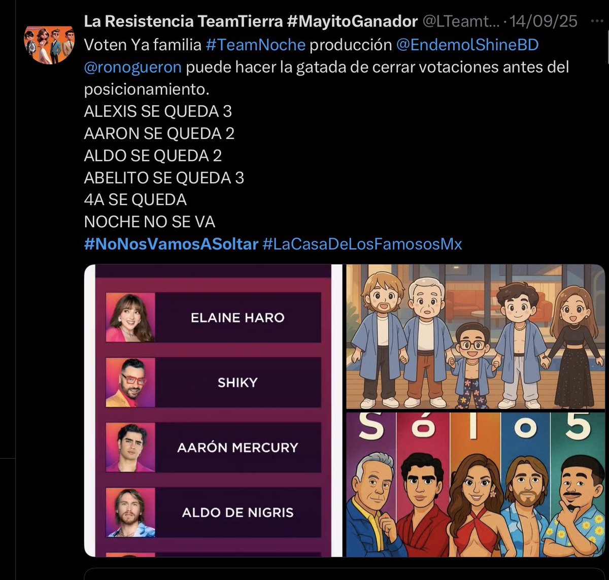 Jo_Waters_'s tweet photo. Aquí les dejo las pruebas de que no fue FRAUDE, fue TeamNoche y su estrategia de #NoNosVamosASoltar la que sacó a Aarón. Ahora dicen que no dividieron votos pero aquí está la prueba #LaCasaDeLosFamososMx #LaCasaDeLosFamososMxً3 #NosVamosConAaron https://t.co/OAqVnyA9r7