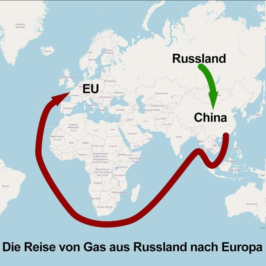 So wird von der #EU das #Weltklima gerettet.
Russland liefert per Pipeline Gas aus Sibirien nach China, China verflüssigt es, schickt es mit LNG-Tankern, die zu groß für den Suezkanal sind, nach Europa und verkauft es dort, was den Preis verdreifacht. Obendrauf kommt CO2-Steuer.