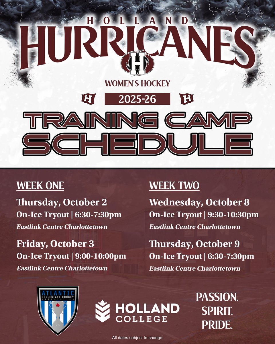 It’s go time for the 2025-26 season! Here is our training camp schedule, with four on-ice tryouts at the Eastlink Centre in Charlottetown.

Interested in trying out for the four-time and three-straight ACHA champions? Join us over the next two weeks!

#PassionSpiritPride