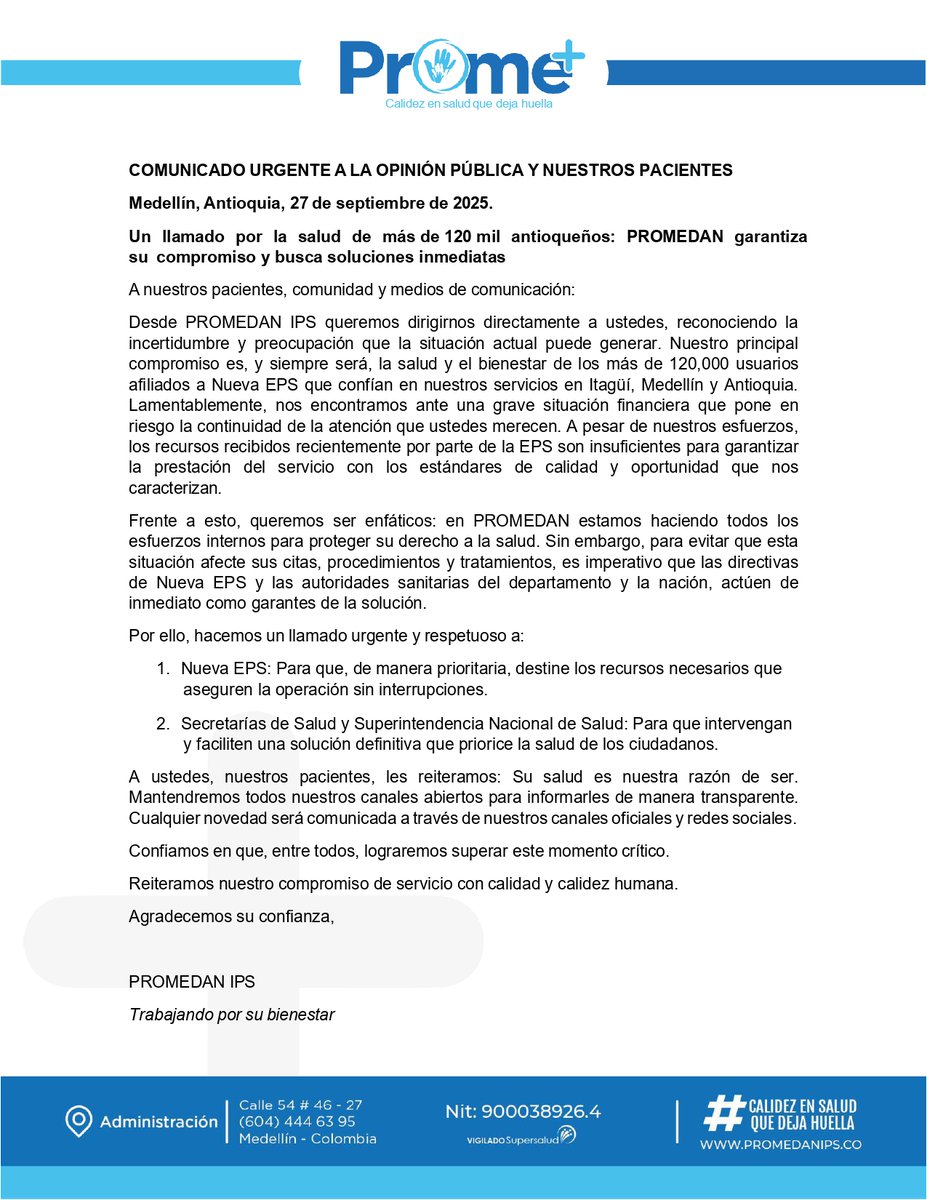 📣Un llamado por la salud de más de 120 mil antioqueños: #PROMEDAN garantiza su compromiso y busca soluciones inmediatas.🙌

#NuevaEPS #Salud #SuperSalud #Promedan #AtenciónConCalidad #Antioquia #PacientesPrimero