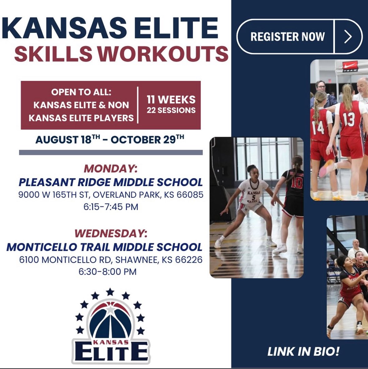 Hoops season is coming soon. <a href="/KansasEliteWBB/">Kansas Elite WBB</a> is offering skills workouts, twice a week for the next month. Come be Elite!