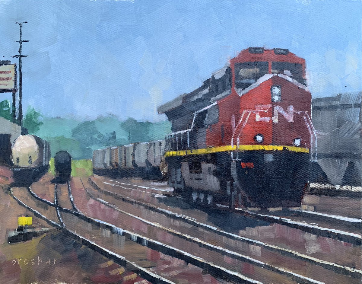 mikeb4i8's tweet photo. Two paintings in on #bluffstrokes plein air event, starting yesterday. “Waiting for a Train” - 11x14 #oilpainting, and “River Work” - 11x14 #watercolor. Paintings will be available for purchase beginning Friday evening at Steeple Square in #Dubuque. https://t.co/2UlYOAAEqM