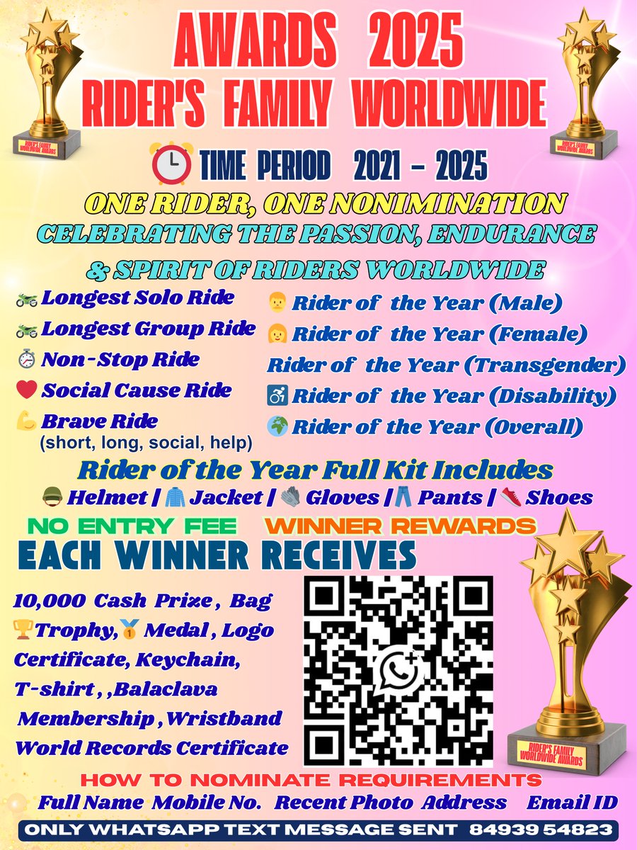 🏆 Awards 2025 – Riders’ Family Worldwide 🏆
💵 ₹10,000 Cash Prize
🌎 World Records Certificate
🛍 Bag
👕 Official T-shirt
🏆 Trophy
🥇 Medal
📜 Certificate
🌀 Exclusive Logo
🏷 Keychain
🛞 Wristband
Balaclava
Lifetime membership