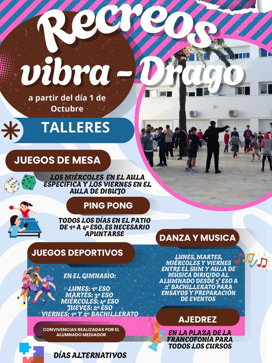 🎉✨ ¡LLEGAN LOS RECREOS VIBRA-DRAGO! ✨🎉

📅 Desde el 1 de octubre disfruta tus recreos de una manera diferente:
♟️ Ajedrez
🏓 Ping Pong
🎲 Juegos de mesa
⚽ Juegos deportivos
🎶 ¡Y mucho más para divertirte y compartir con tus amigos!