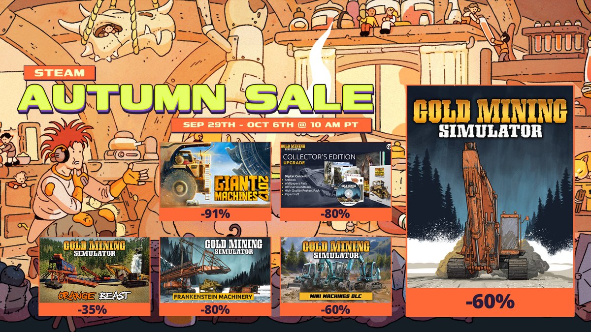 Autumn Steam Sale is here!  🍂

Gold Mining Simulator + all DLCs are now on discount. 💸
  
Fuel up your gear, stake your claim, and strike gold today! 👀
  🔗store.steampowered.com/news/app/45134… 

#goldminingsimulator #steamsale #autumn