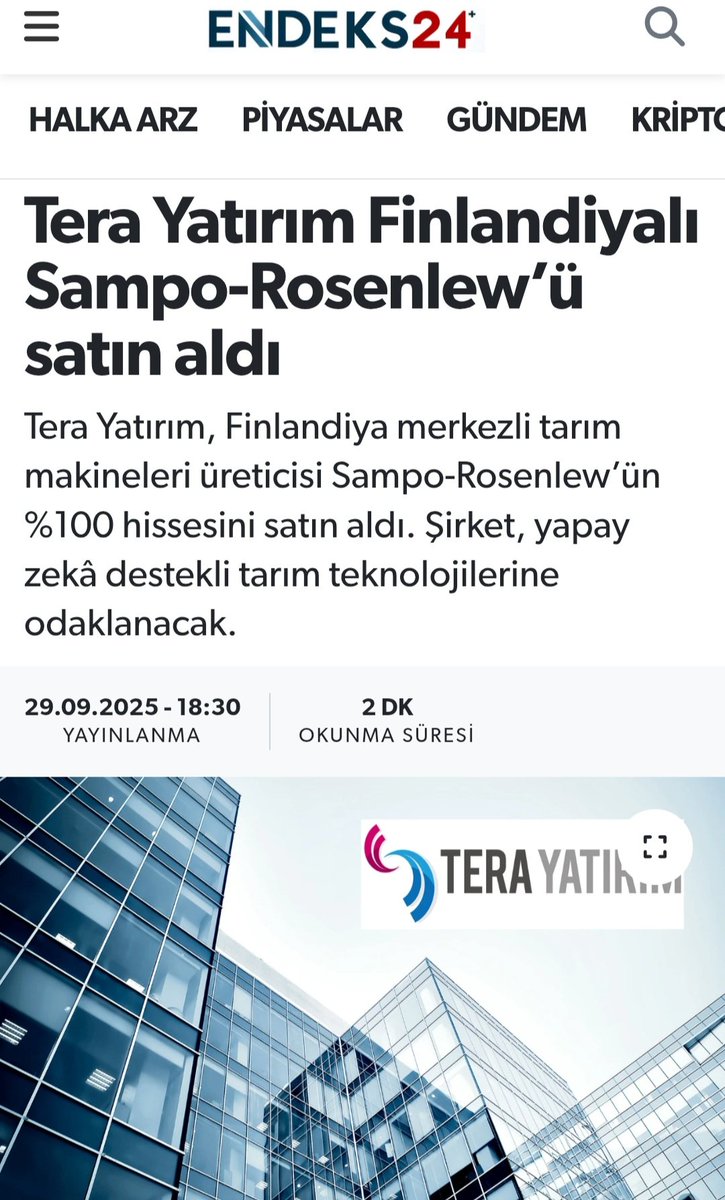 Tera Holding'den yeni bir adım daha adından daha da çok bahsedeceğiz gibi mükemmel ilerliyorlar. 
Tera Grup, global büyüme yolunda yeni bir adım attı. 

 Tera Teknoloji, Finlandiya merkezli tarım ve ormancılık makineleri üreticisi Sampo-Rosenlew Oy’u satın aldı.
 Sampo-Rosenlew,